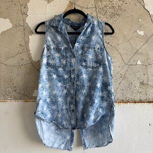 Americana Star Print Chambray Sleeveless Shirt Size Small
